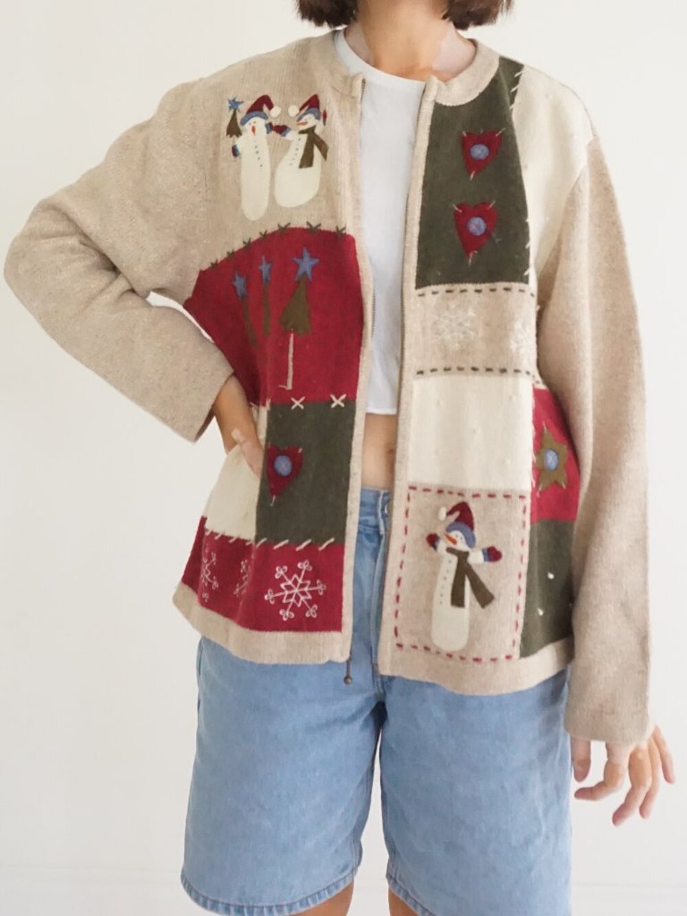 Vintage Croft & Barrow Beige Snowman Cardinal Patchwork Christmas Cardigan XL